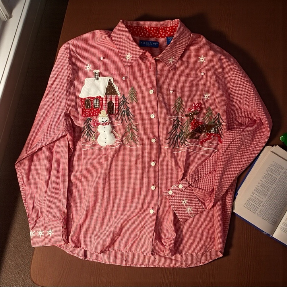 Karen Scott Vintage Red Gingham Christmas Shirt XL  Embroidered Snowman Reindeer